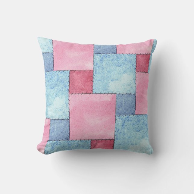 Denim Faux Patchwork, Pinks, Blues Cushion (Front)