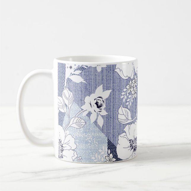 Denim flower patchwork, seamless pattern. coffee mug (Left)