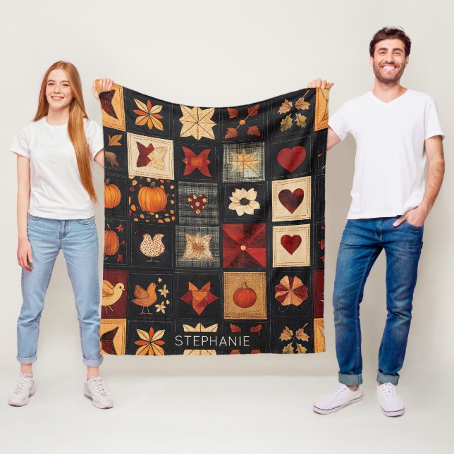 Denim Folk Art Quilt Pattern | Rustic Autumn Patch Fleece Blanket (In Situ)