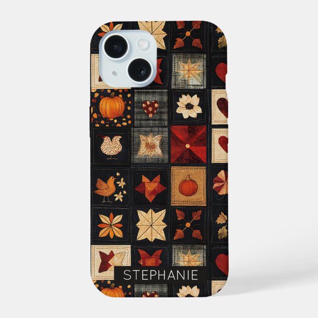 Denim Folk Art Quilt Pattern | Rustic Autumn Patch iPhone 15 Case (Back)
