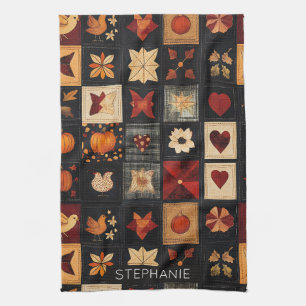 Denim Folk Art Quilt Pattern   Rustic Autumn Patch Tea Towel