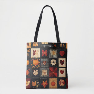 Denim Folk Art Quilt Pattern Rustic Autumn Patch Tote Bag