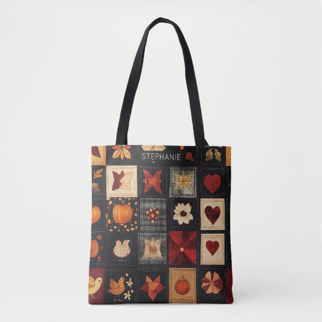 Denim Folk Art Quilt Pattern | Rustic Autumn Patch Tote Bag (Front)
