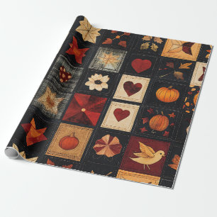 Denim Folk Art Quilt Pattern   Rustic Autumn Patch Wrapping Paper
