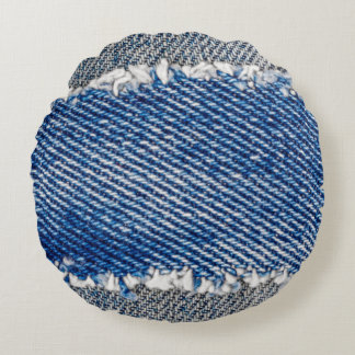 Denim frame. Ripped denim fabric with fringe edge  Round Cushion