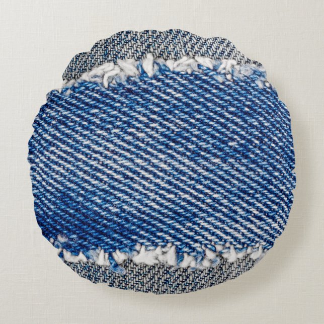 Denim frame. Ripped denim fabric with fringe edge  Round Cushion (Front)