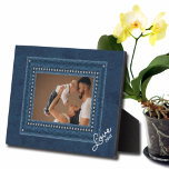 Denim Frameless Family Photo Easel Back Plaque<br><div class="desc">A faux crystal studded blue jean frame on a deep denim background with any wording in chic lettering highlights your favourite photo. CHANGE wording,  fonts and font colour,  too! Great as a gift or to display your favourite photo in your own home. **VERTICAL template available in our store.</div>