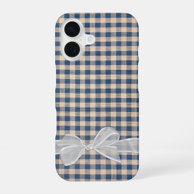 Denim Gingham With White Bow iPhone 16 Case (Back)