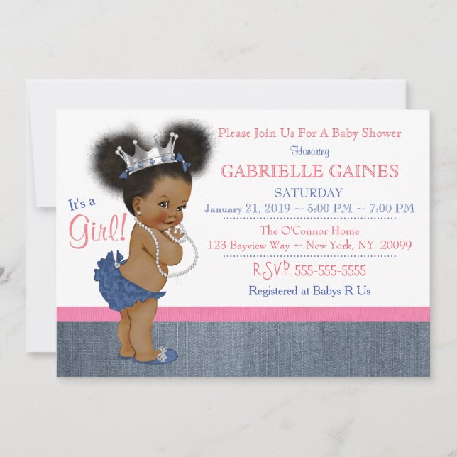 Denim Girl Baby Shower Invitation Personalised (Front)