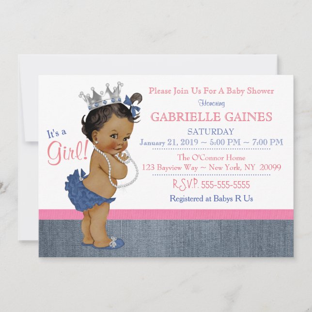 Denim Girl Baby Shower Invitation Personalised (Front)