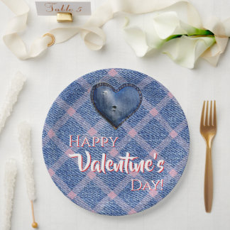 Denim Heart Valentine's Day Party Plaid Paper Plate