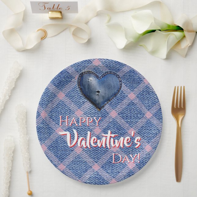 Denim Heart Valentine's Day Party Plaid  Paper Plate (Wedding)