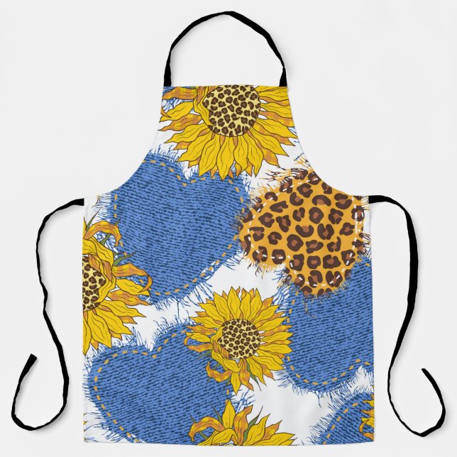 Denim Hearts Leopard Sunflowers Pattern Apron (Front)
