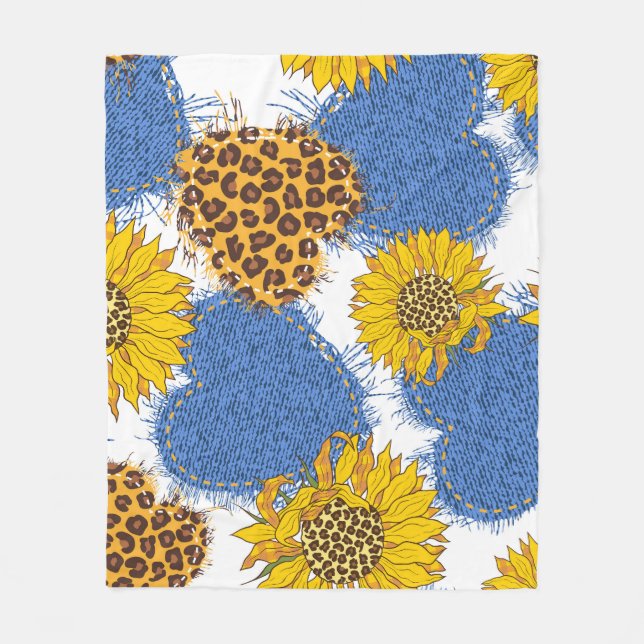 Denim Hearts Leopard Sunflowers Pattern Fleece Blanket (Front)