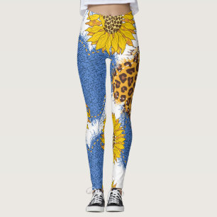 Denim Hearts Leopard Sunflowers Pattern Leggings