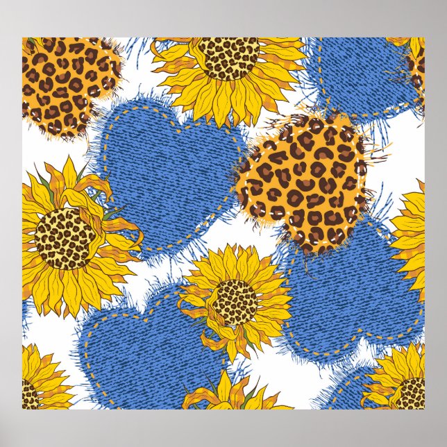 Denim Hearts Leopard Sunflowers Pattern Poster (Front)