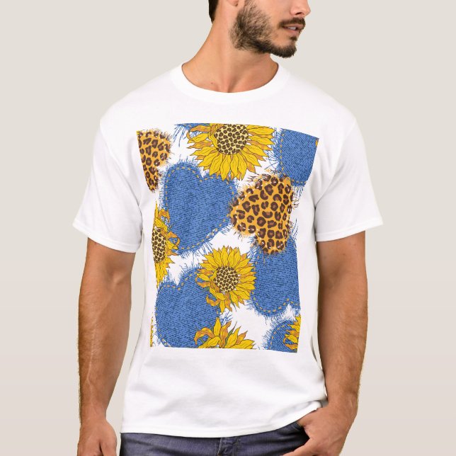 Denim Hearts Leopard Sunflowers Pattern T-Shirt (Front)