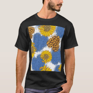 Denim Hearts Leopard Sunflowers Pattern T-Shirt