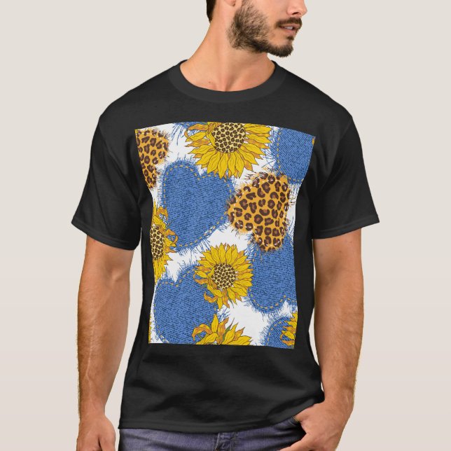 Denim Hearts Leopard Sunflowers Pattern T-Shirt (Front)
