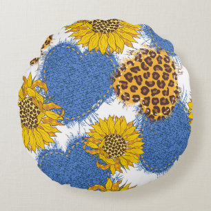 Denim hearts made of fabric with torn edges and le round cushion