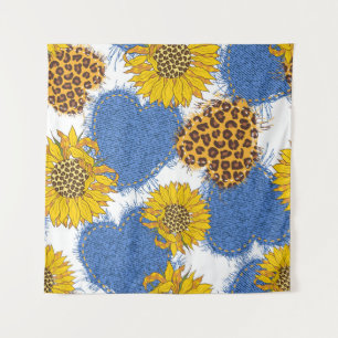 Denim hearts made of fabric with torn edges and le tapestry