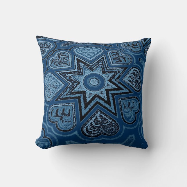 Denim-Inspired Blue Folk Art Hearts Throw Pillow (Front)