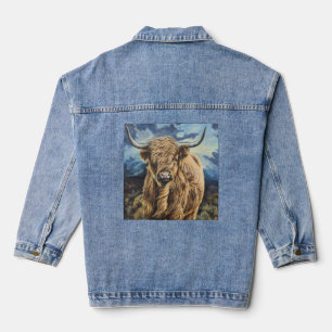 Denim Jacket with a brave highlander cow