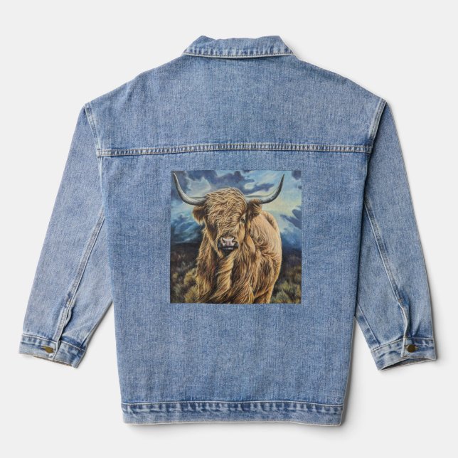 Denim Jacket with a brave highlander cow (Back)