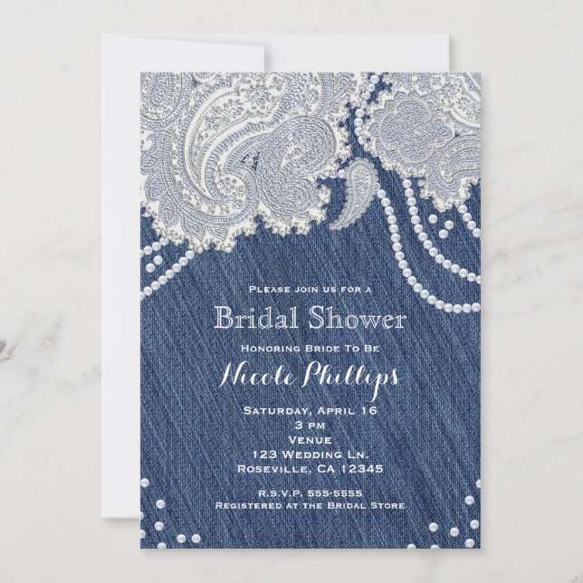 Denim Jean Pearls White Paisley Lace Bridal Shower Invitation (Front)