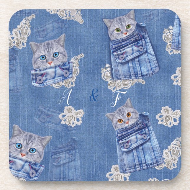 Denim Jean pockets,Kittens and Lace Coaster (Front)