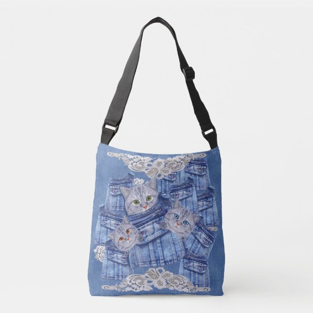 Denim Jean pockets,Kittens and Lace Crossbody Bag (Front)