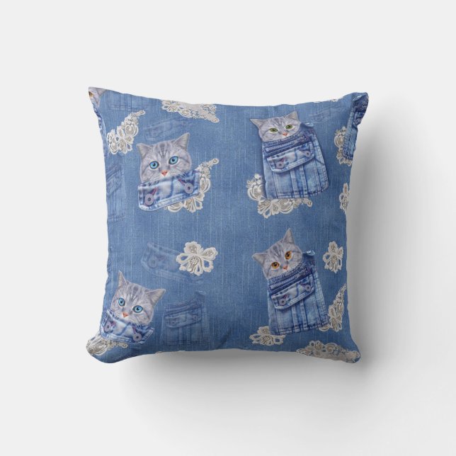 Denim Jean pockets,Kittens and Lace Cushion (Front)