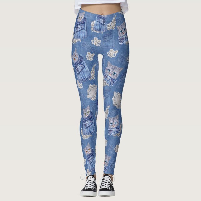 Denim Jean pockets,Kittens and Lace Leggings (Front)