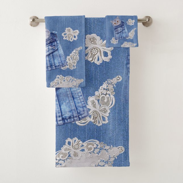 Denim Jean pockets,Kittens and Lace Repeat Pattern Bath Towel Set (Insitu)