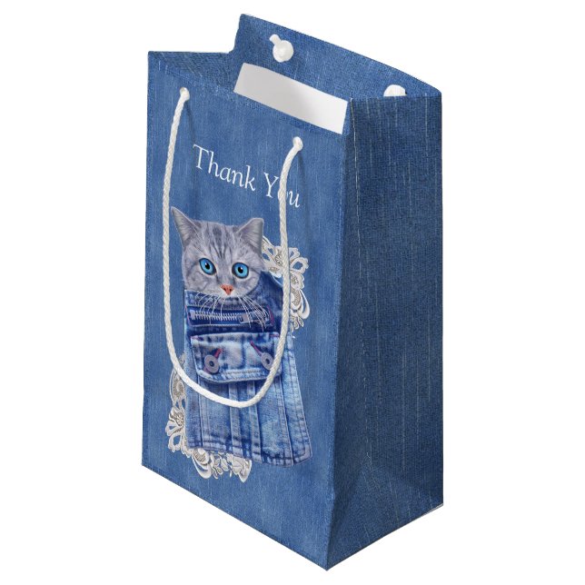 Denim Jean pockets,Kittens and Lace Small Gift Bag (Front Angled)