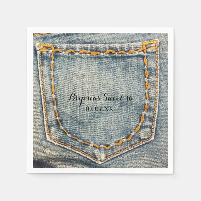 Denim Jean Stitched Pocket Birthday Party Napkins (Front)