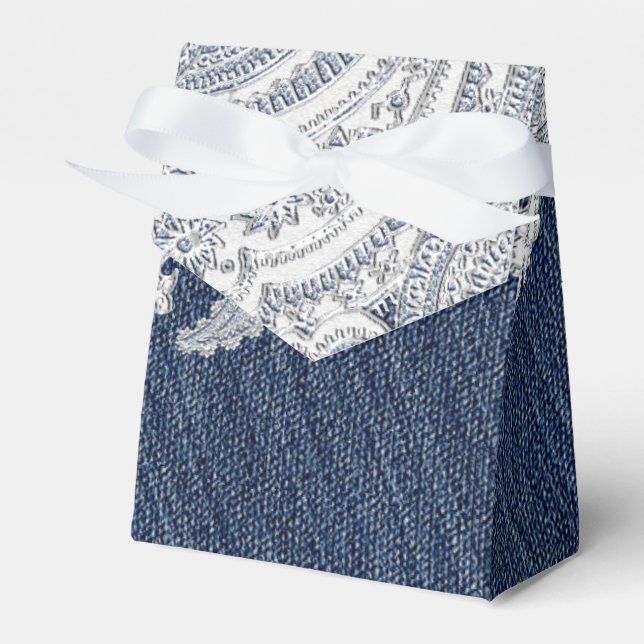 Denim Jean & White Lace Elegant Bridal Wedding Favour Box (Front Side)