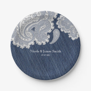 Denim Jean & White Lace Elegant Bridal Wedding Paper Plate