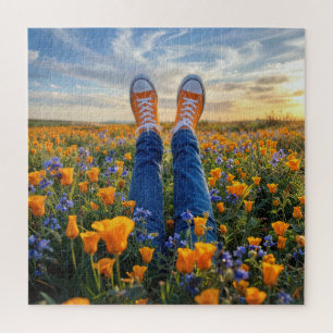 Denim Jeans and Orange Sneakers in Flowers Jigsaw Puzzle