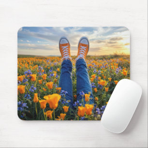 Denim Jeans and Orange Sneakers in Flowers Mouse Mat
