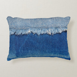 Denim jeans background. Ripped denim fabric with b Decorative Cushion