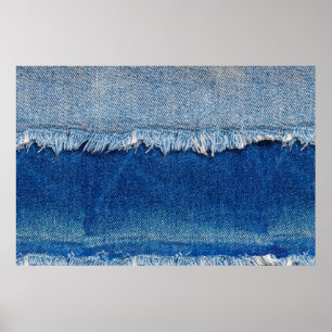 Denim jeans background. Ripped denim fabric with b Poster