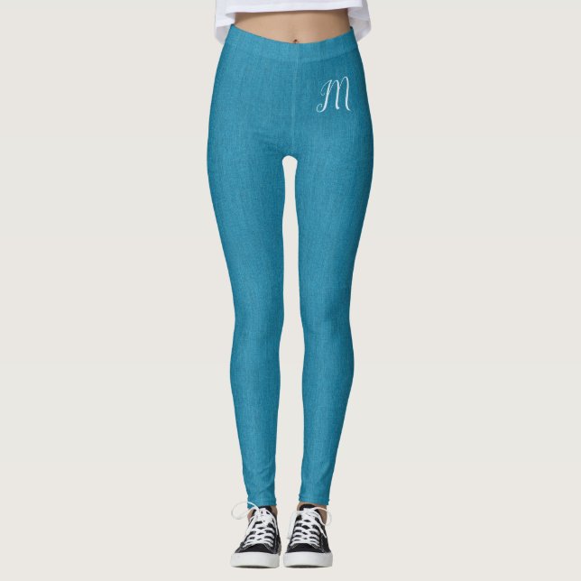 Denim Jeans Custom Monogram Turquoise Blue Fashion Leggings (Front)