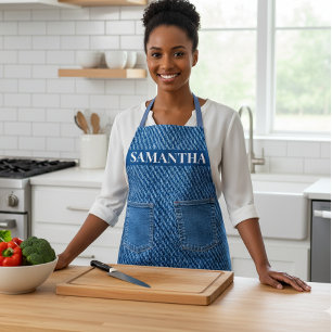 Denim Jeans Look Pockets Monogram Apron