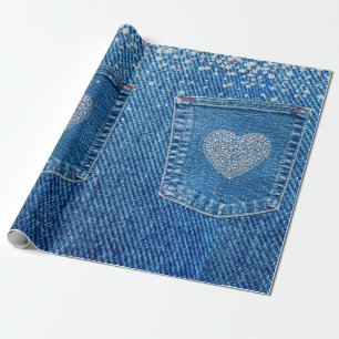 Denim Jeans Pocket Rustic Country Western Diamonds Wrapping Paper