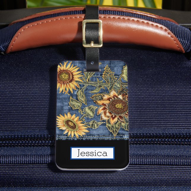 Denim Jeans Sunflower Luggage Tag (Front Insitu 2)