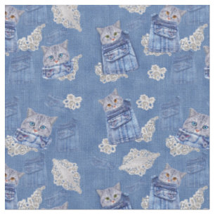 Denim Jeans with Kittens and Lace Repeats Fabric