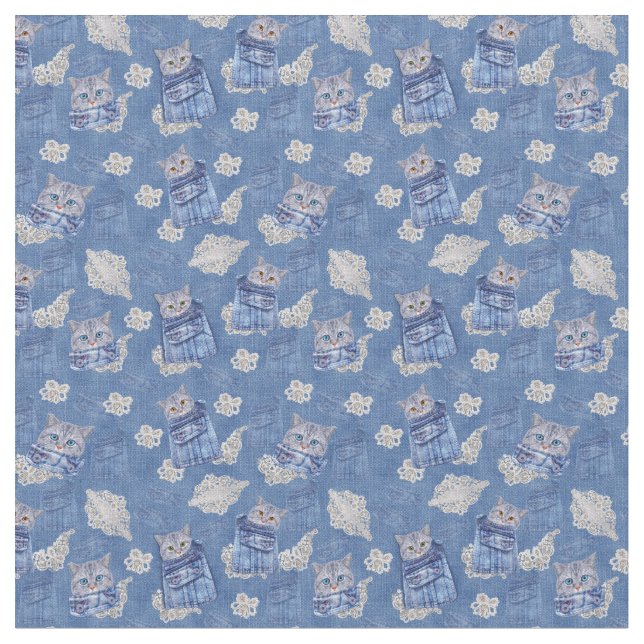 Denim Jeans with Kittens and Lace Repeats Fabric (Close Up)