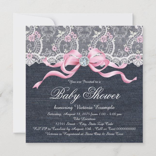 Denim Lace Diamond Bow Baby Shower Invitation (Front)