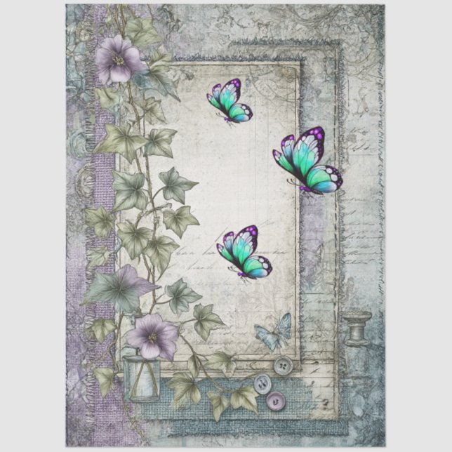 Denim & Lace Floral Fantasy Butterflies Decoupage Tissue Paper (Front)